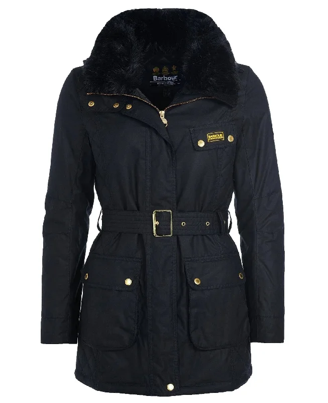 Barbour Women's International Charade Wax Jacket - Black A-Line Jacket Boat Neck Shawl Collar