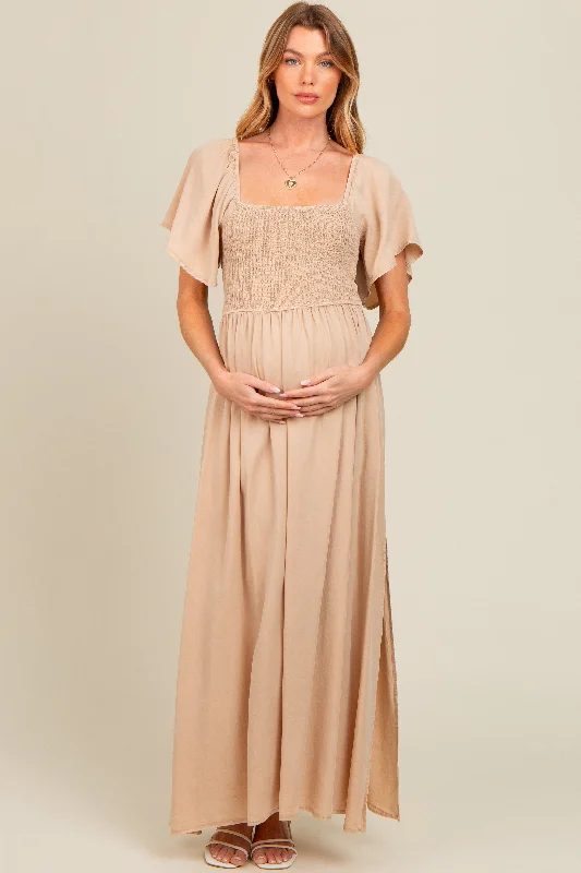 Beige Chambray Smocked Maternity Maxi Dress Fashionable Printed Maxi Dress