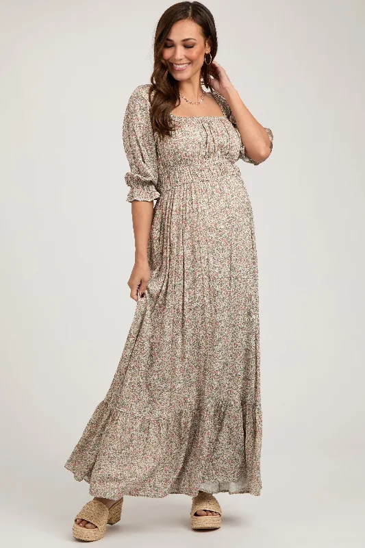 Beige Floral Criss Cross Back Maternity Maxi Dress Stylish Off-Shoulder Maxi Dress