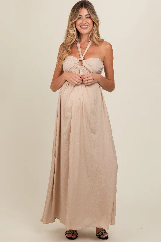 Beige Halter Cutout Maternity Maxi Dress Trendy Button Front Maxi Dress