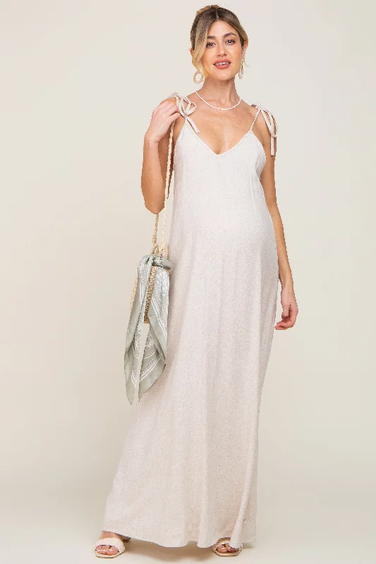 Beige Linen V-Neck Tie Strap Maternity Maxi Dress Classic Strapless Maxi Dress