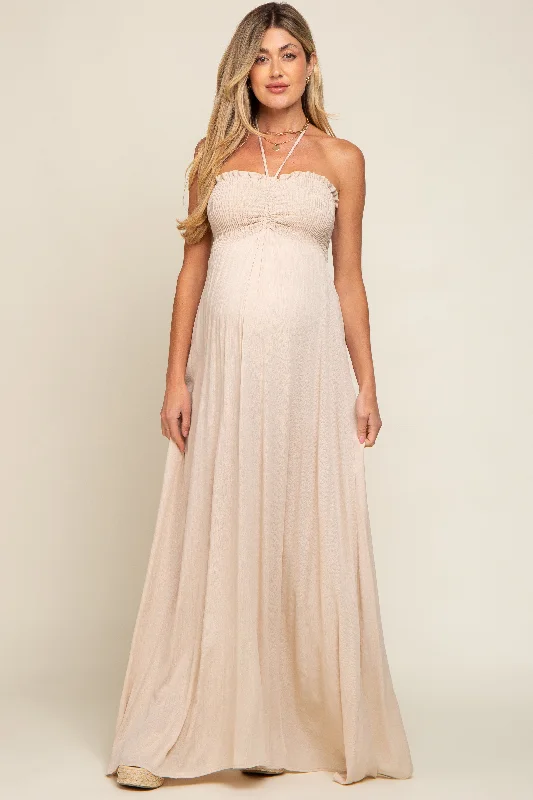 Beige Smocked Halter Maternity Maxi Dress Comfortable T-Shirt Maxi Dress