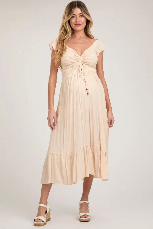 Beige Smocked Ruched Ruffle Hem Maternity Maxi Dress Fashionable Asymmetrical Maxi Dress Beige Smocked Ruched Ruffle Hem Maternity Maxi Dress Fashionable Asymmetrical Maxi Dress