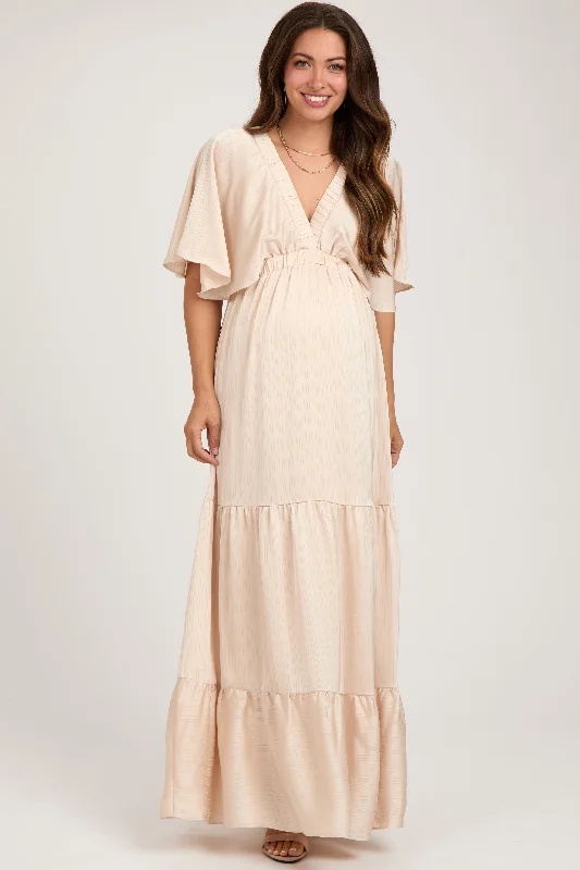 Beige V-Neck Flutter Sleeve Tiered Maternity Maxi Dress Comfortable Long-Sleeve Maxi Dress Beige V-Neck Flutter Sleeve Tiered Maternity Maxi Dress Comfortable Long-Sleeve Maxi Dress