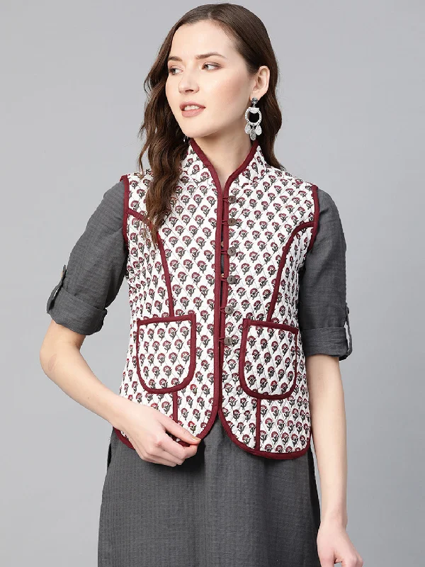 Women Off-White & Maroon Printed Lightweight Quilted Jacket Print Jacket Jacquard Jacket Embroidered Jacket