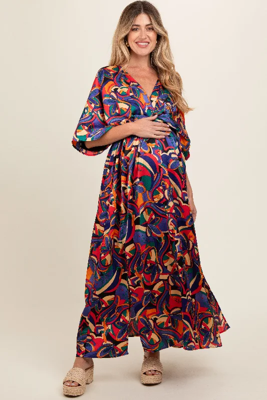 Black Abstract Back Tie Maternity Maxi Dress Comfortable Maxi Dress with Slits