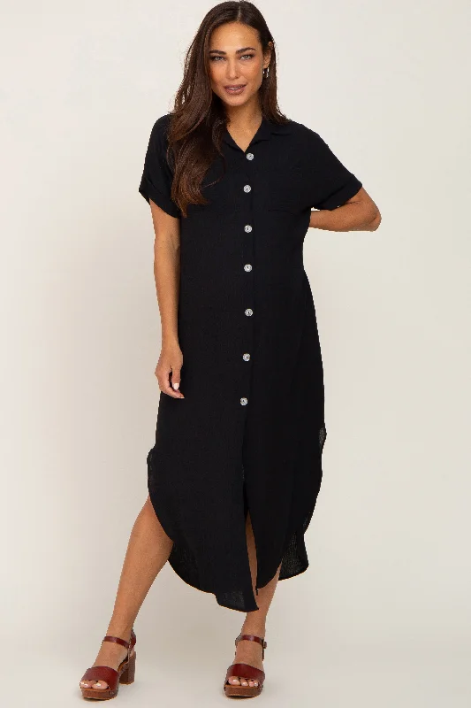 Black Button Down Hi Low Maternity Maxi Dress Comfortable Fit-and-Flare Maxi Dress