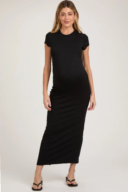 Black Fitted Short Sleeve Maternity Maxi Dress Trendy Short Sleeve Maxi Dress