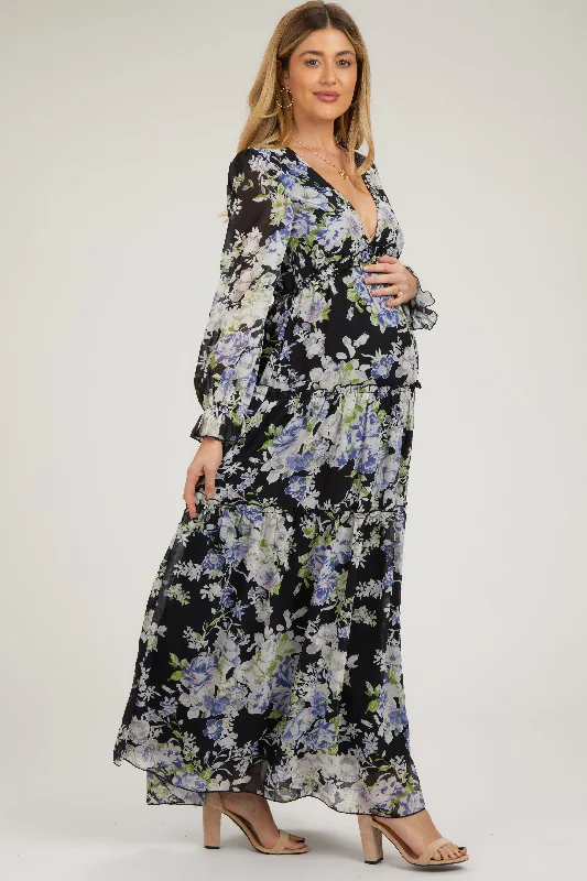 Black Floral Chiffon Deep V Ruffle Tiered Maternity Maxi Dress Fashionable Open-Back Maxi Dress Black Floral Chiffon Deep V Ruffle Tiered Maternity Maxi Dress Fashionable Open-Back Maxi Dress