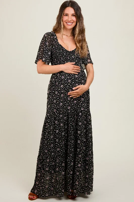 Black Floral Chiffon Smocked Maternity Maxi Dress Fashionable Off-Shoulder Maxi Dress Black Floral Chiffon Smocked Maternity Maxi Dress Fashionable Off-Shoulder Maxi Dress
