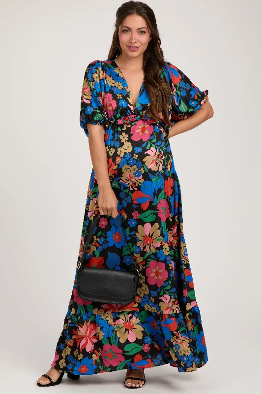 Black Floral Satin Deep V-Neck Puff Sleeve Maternity Maxi Dress Classic Strapless Maxi Dress Black Floral Satin Deep V-Neck Puff Sleeve Maternity Maxi Dress Classic Strapless Maxi Dress