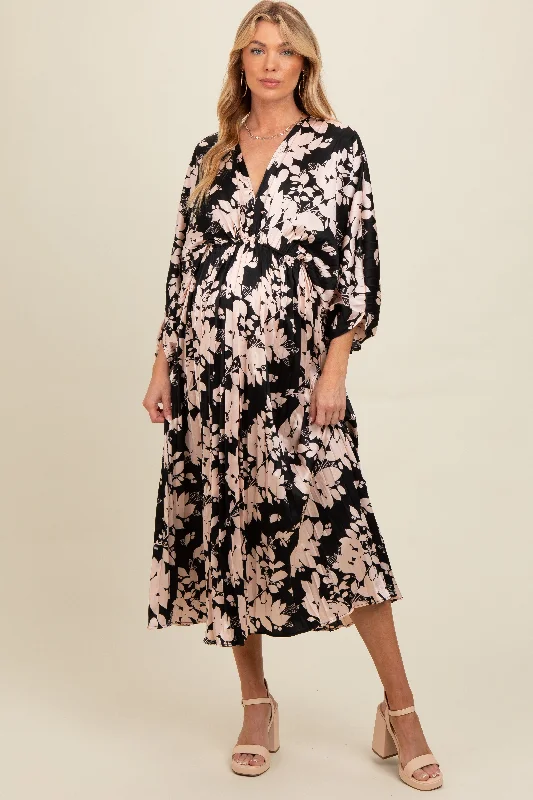 Black Floral Satin Pleated V-Neck Maternity Maxi Dress Trendy Floral Print Maxi Dress