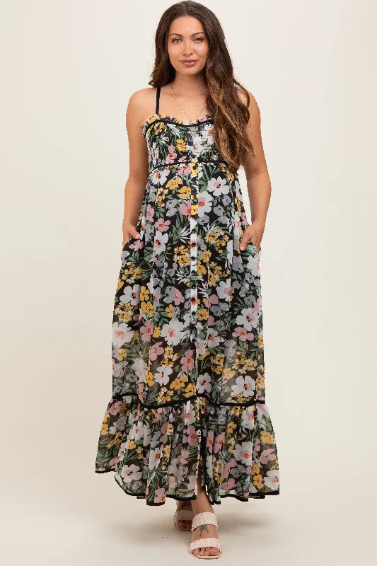 Black Floral Smocked Button Accent Maternity Maxi Dress Stylish Boho Chic Maxi Dress Black Floral Smocked Button Accent Maternity Maxi Dress Stylish Boho Chic Maxi Dress