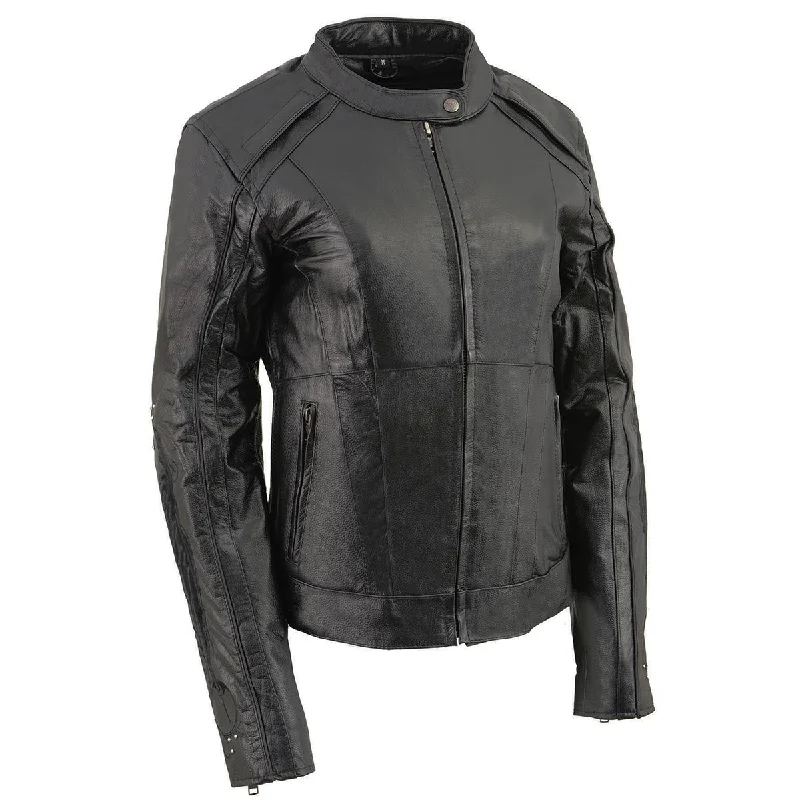 BLACK Leather ML1952 Women's Black 'Embroidered Wing and Stud Design' Leather Scooter Jacket Denim Jacket Leather Jacket Suede Jacket