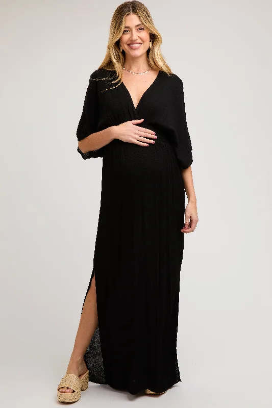 Black Lightweight Deep V-Neck Maternity Maxi Dress Cozy Wrap Maxi Dress