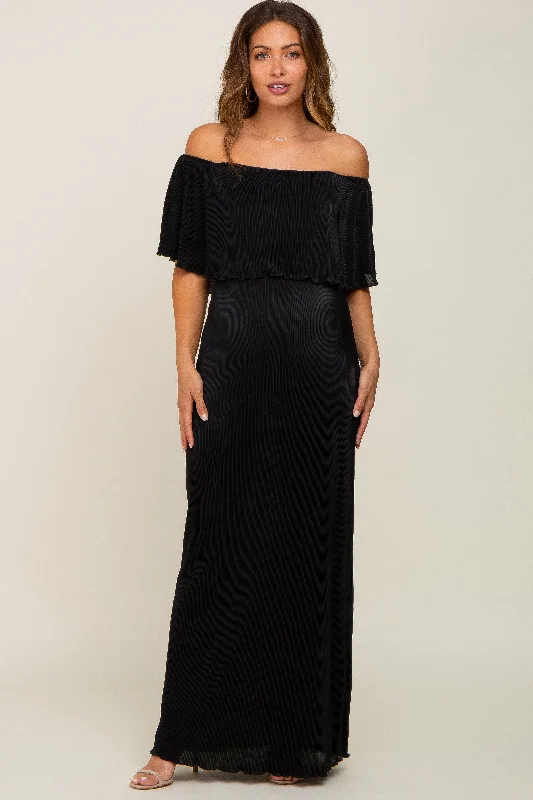 Black Pleated Ruffle Off Shoulder Maternity Maxi Dress Cozy Longline Maxi Dress