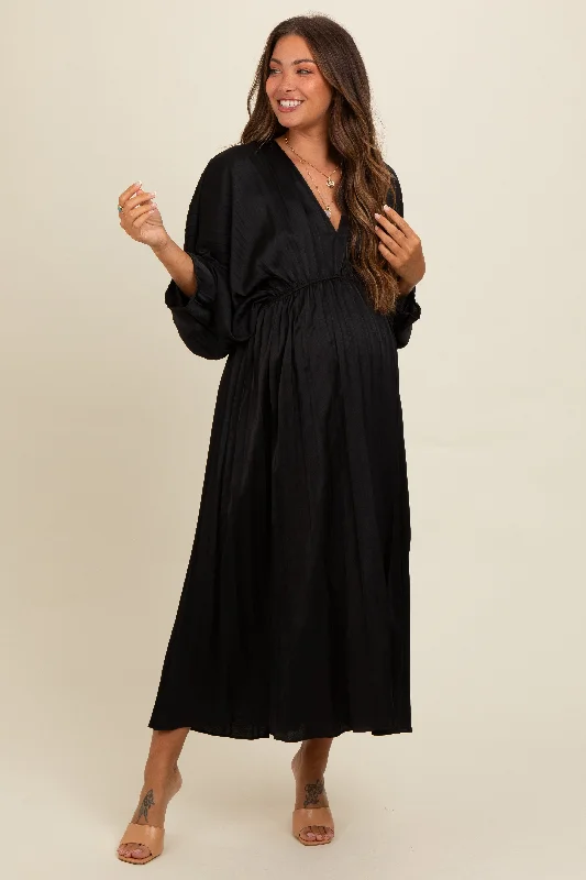 Black Satin Pleated V-Neck Maternity Maxi Dress Trendy Short Sleeve Maxi Dress