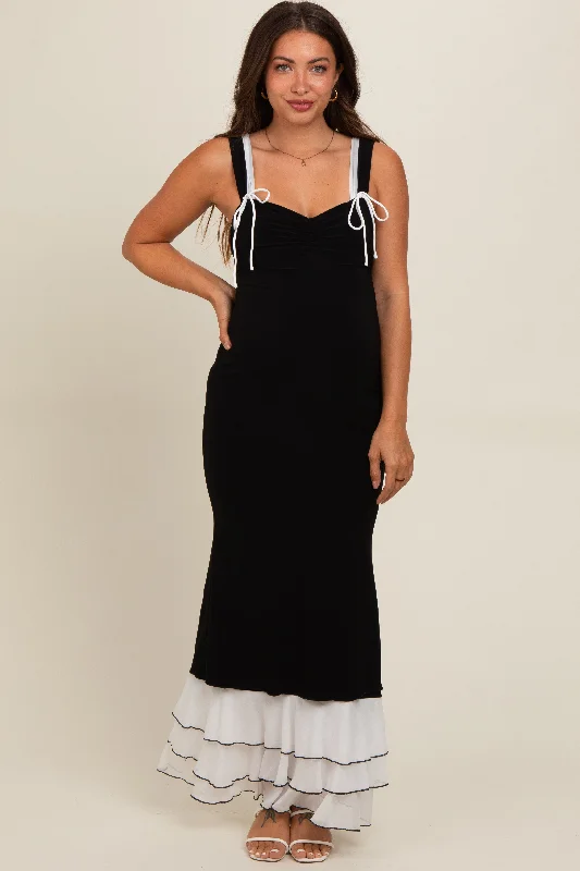 Black Shoulder Tie Layered Hem Maternity Maxi Dress Elegant Boho Maxi Dress
