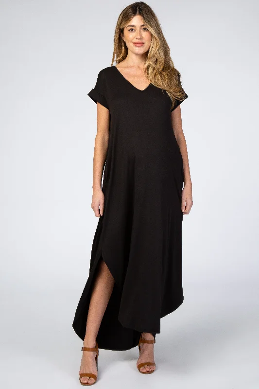 Black Side Slit Maternity Maxi Dress Elegant Floral Maxi Dress