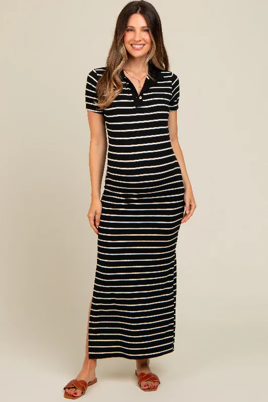 Black Striped Collared Side Slit Maternity Maxi Dress Fashionable Chiffon Maxi Dress Black Striped Collared Side Slit Maternity Maxi Dress Fashionable Chiffon Maxi Dress