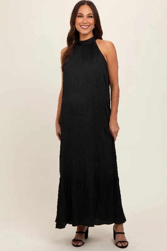 Black Textured Halter Tie Maternity Maxi Dress Cozy Knit Maxi Dress