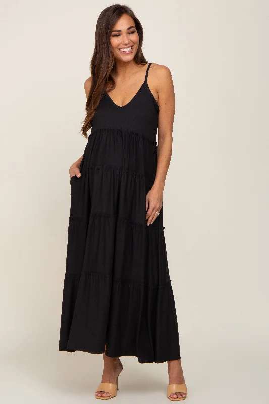 Black Tiered Sleeveless Maternity Maxi Dress Elegant Maxi Dress with Pockets
