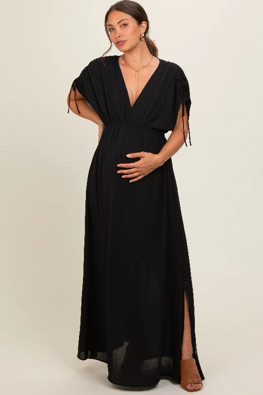 Black V-Neck Drawstring Short Sleeve Side Slit Maternity Maxi Dress Comfortable Maxi Dress with Sleeves Black V-Neck Drawstring Short Sleeve Side Slit Maternity Maxi Dress Comfortable Maxi Dress with Sleeves