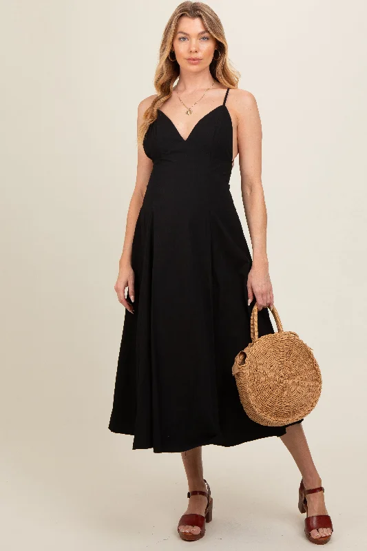Black V-Neck Maternity Maxi Dress Comfortable Pleated Maxi Dress