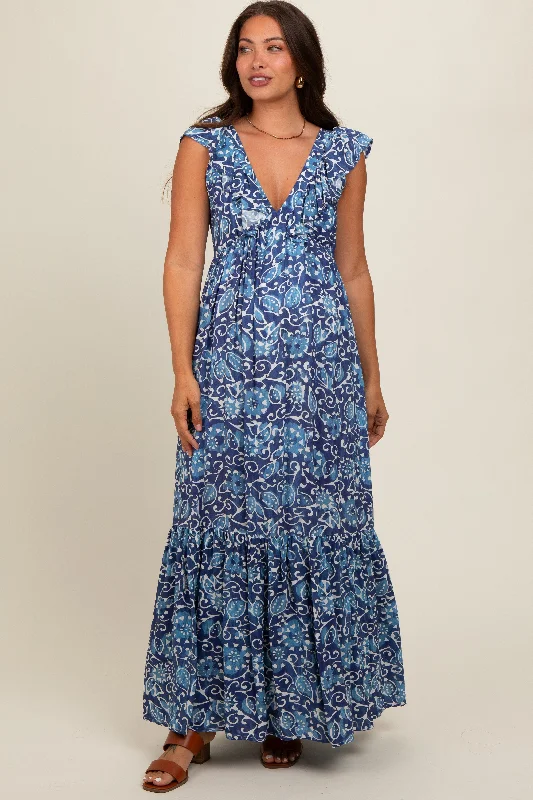 Blue Abstract Floral Ruffle Accent Maternity Maxi Dress Elegant Maxi Dress with Drapes Blue Abstract Floral Ruffle Accent Maternity Maxi Dress Elegant Maxi Dress with Drapes