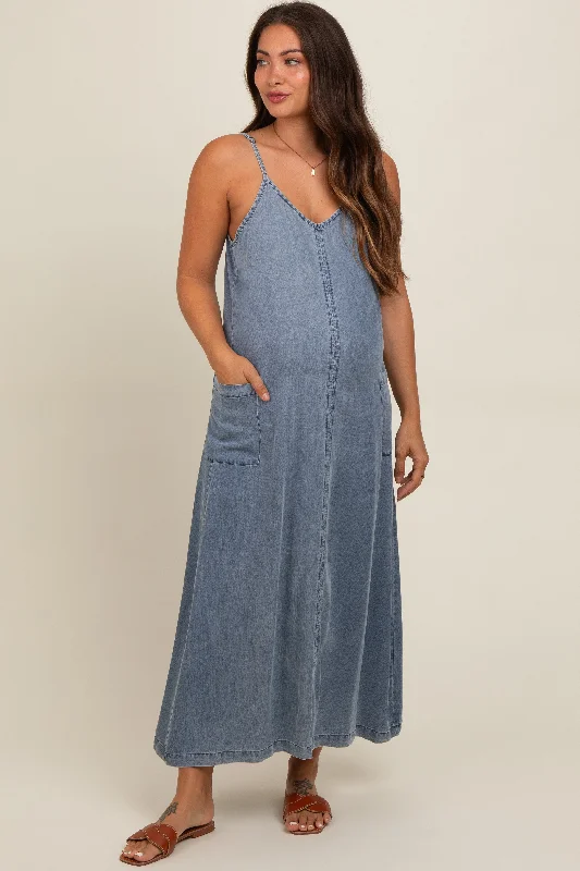 Blue Chambray Pocketed Maternity Maxi Dress Fashionable Halter Neck Maxi Dress