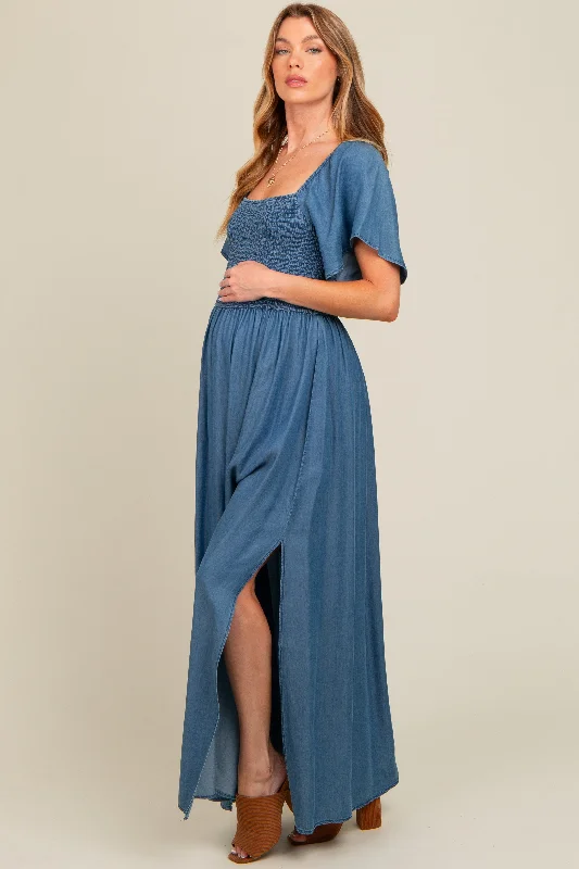 Blue Chambray Smocked Maternity Maxi Dress Chic Button-Up Maxi Dress