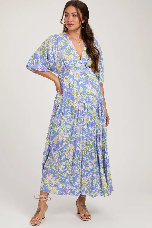Blue Floral Dolman Sleeve Tiered Maternity Maxi Dress Fashionable Sheer Maxi Dress