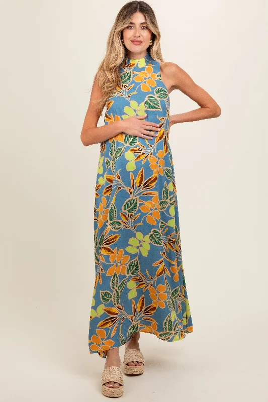 Blue Floral Halter Maternity Maxi Dress Stylish Long Sleeve Maxi Dress