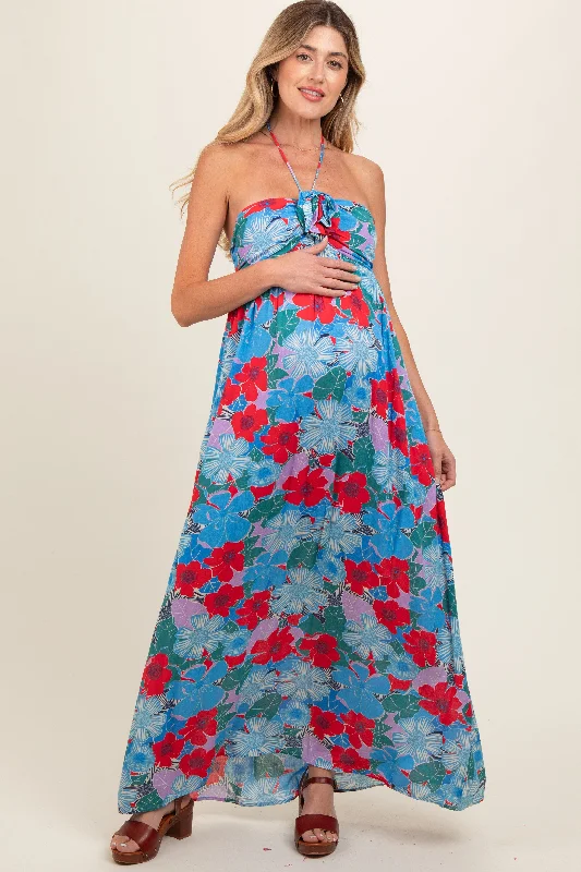 Blue Floral Halter Maternity Maxi Dress Fashionable Open-Back Maxi Dress