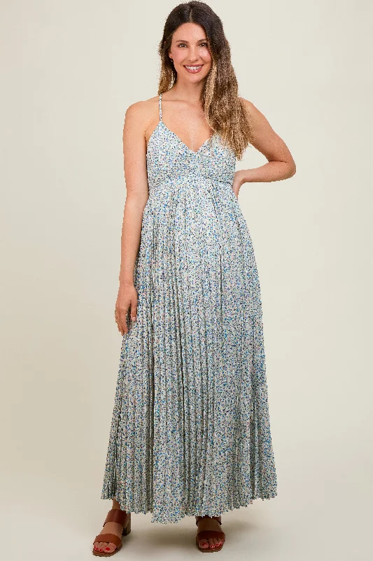 Blue Floral Pleated Cutout Back Maternity Maxi Dress Comfortable Flowy Maxi Dress