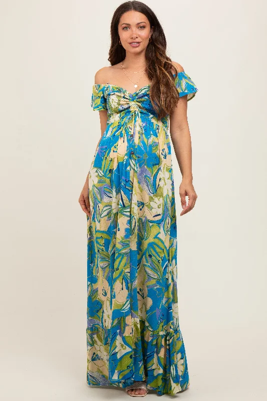 Blue Floral Smocked Off Shoulder Maternity Maxi Dress Fashionable Layered Maxi Dress Blue Floral Smocked Off Shoulder Maternity Maxi Dress Fashionable Layered Maxi Dress
