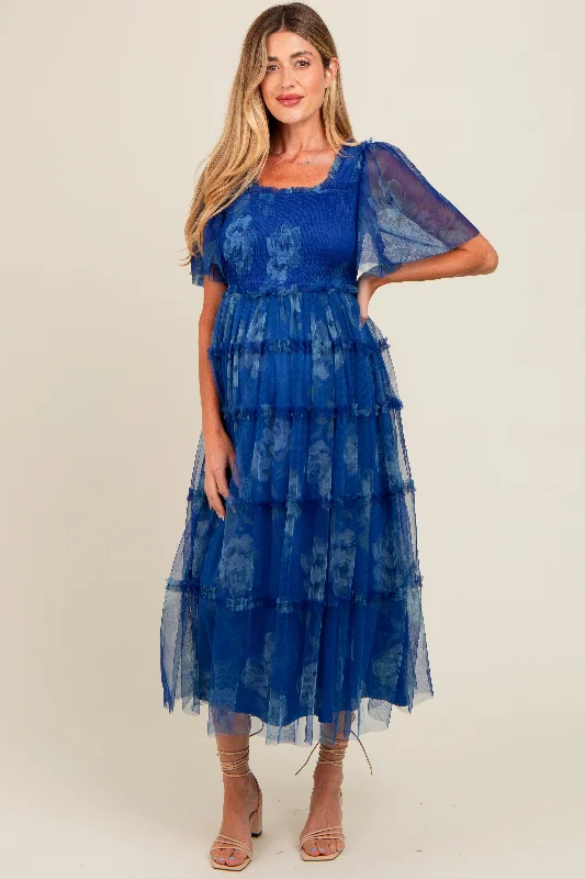 Blue Floral Smocked Tulle Maternity Maxi Dress Comfortable Maxi Dress with Belt