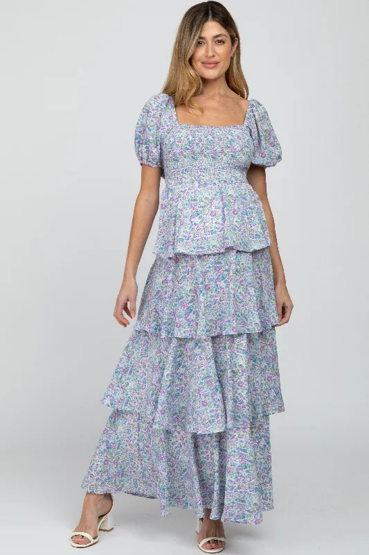 Blue Floral Square Neck Ruffle Layered Maternity Maxi Dress Comfortable Maxi Dress with Belt Blue Floral Square Neck Ruffle Layered Maternity Maxi Dress Comfortable Maxi Dress with Belt