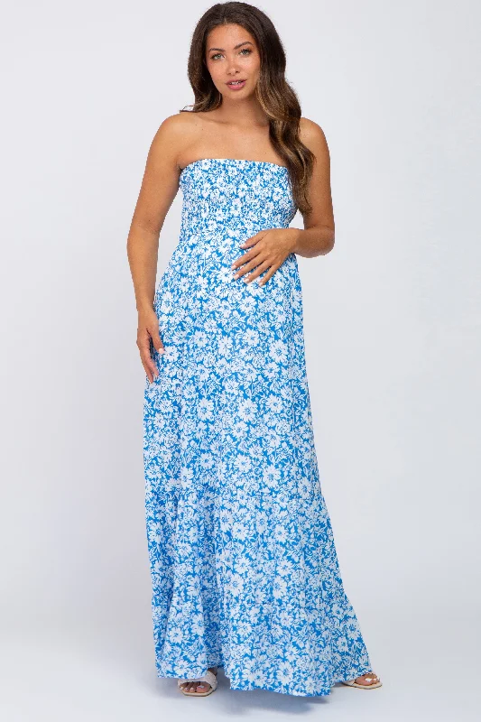 Blue Floral Strapless Smocked Maternity Maxi Dress Comfortable T-Shirt Maxi Dress