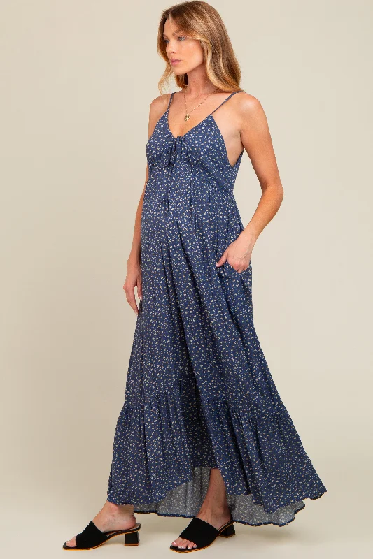 Blue Floral Tie Front Maternity Maxi Dress Casual Maxi Dress with Pockets