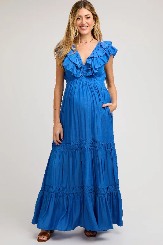 Blue Layered Ruffle Tiered Maternity Maxi Dress Stylish One-Shoulder Maxi Dress