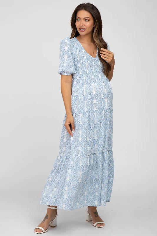 Blue Paisley Print Smocked Tiered Maternity Maxi Dress Stylish Maxi Dress with Pleats Blue Paisley Print Smocked Tiered Maternity Maxi Dress Stylish Maxi Dress with Pleats