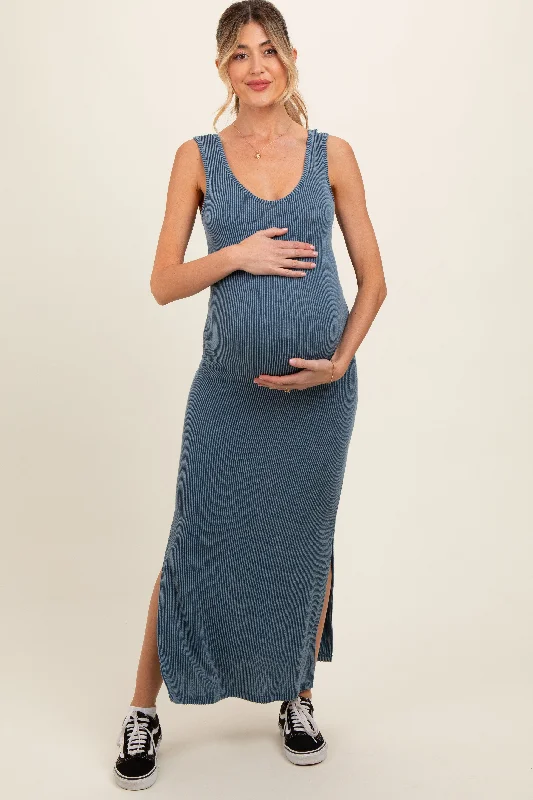 Blue Ribbed Side Slit Maternity Maxi Dress Chic Summer Maxi Dress