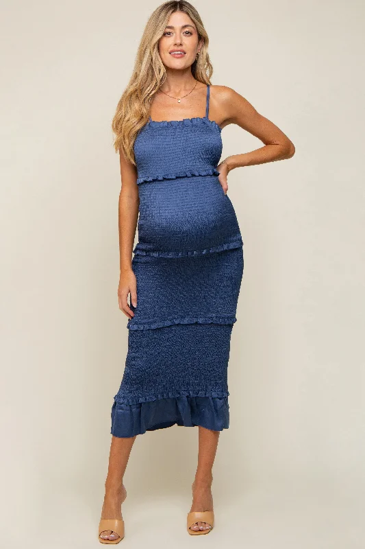 Blue Satin Smocked Fitted Maternity Maxi Dress Chic Summer Floral Maxi Dress