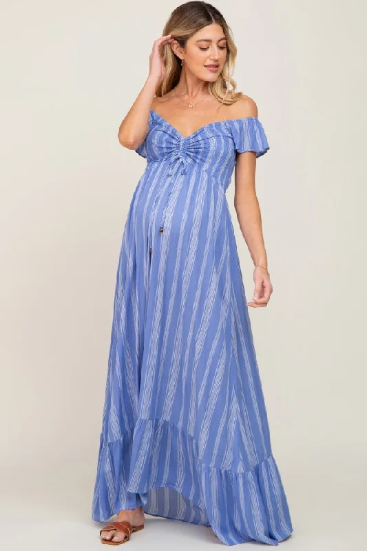 Blue Striped Off Shoulder Front Tie Maternity Maxi Dress Trendy Ruffled Maxi Dress