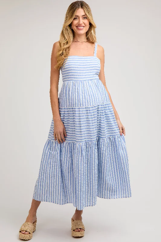 Blue Striped Sleeveless Tiered Maternity Maxi Dress Comfortable Pleated Maxi Dress