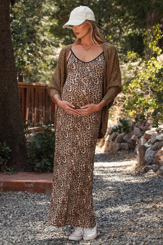 Brown Animal Print Fitted Maternity Maxi Dress Comfortable Casual Maxi Dress