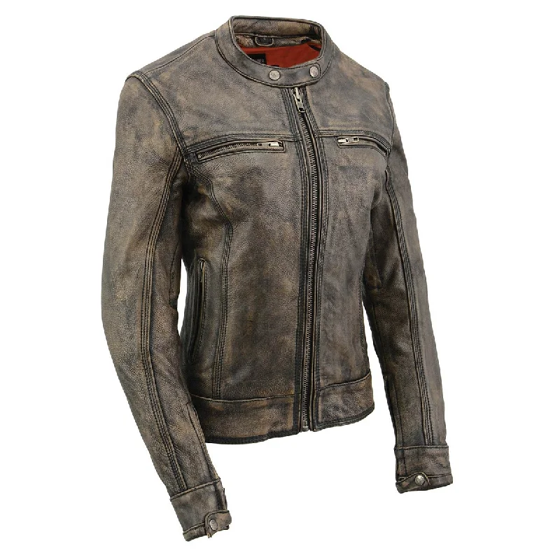 BROWN Leather MLL2550 Women's Scooter Distressed Brown Leather Vented Motorcycle Jacket Rayon Jacket Velvet Jacket Corduroy Jacket