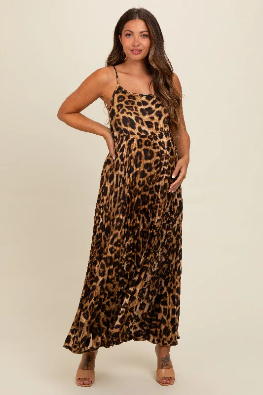 Brown Leopard Print Pleated Maternity Maxi Dress Trendy Satin Maxi Dress