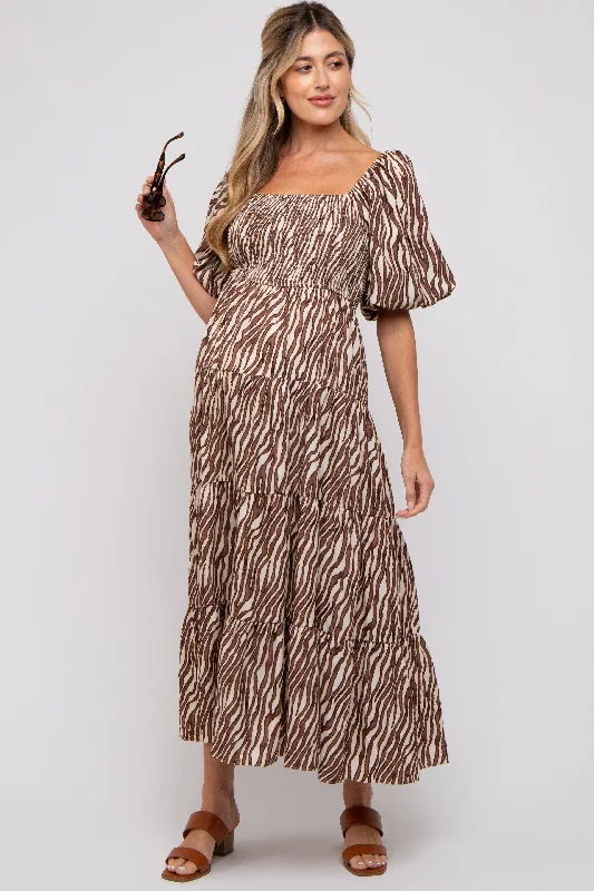 Brown Printed Smocked Maternity Maxi Dress Fashionable Sleeveless Maxi Dress